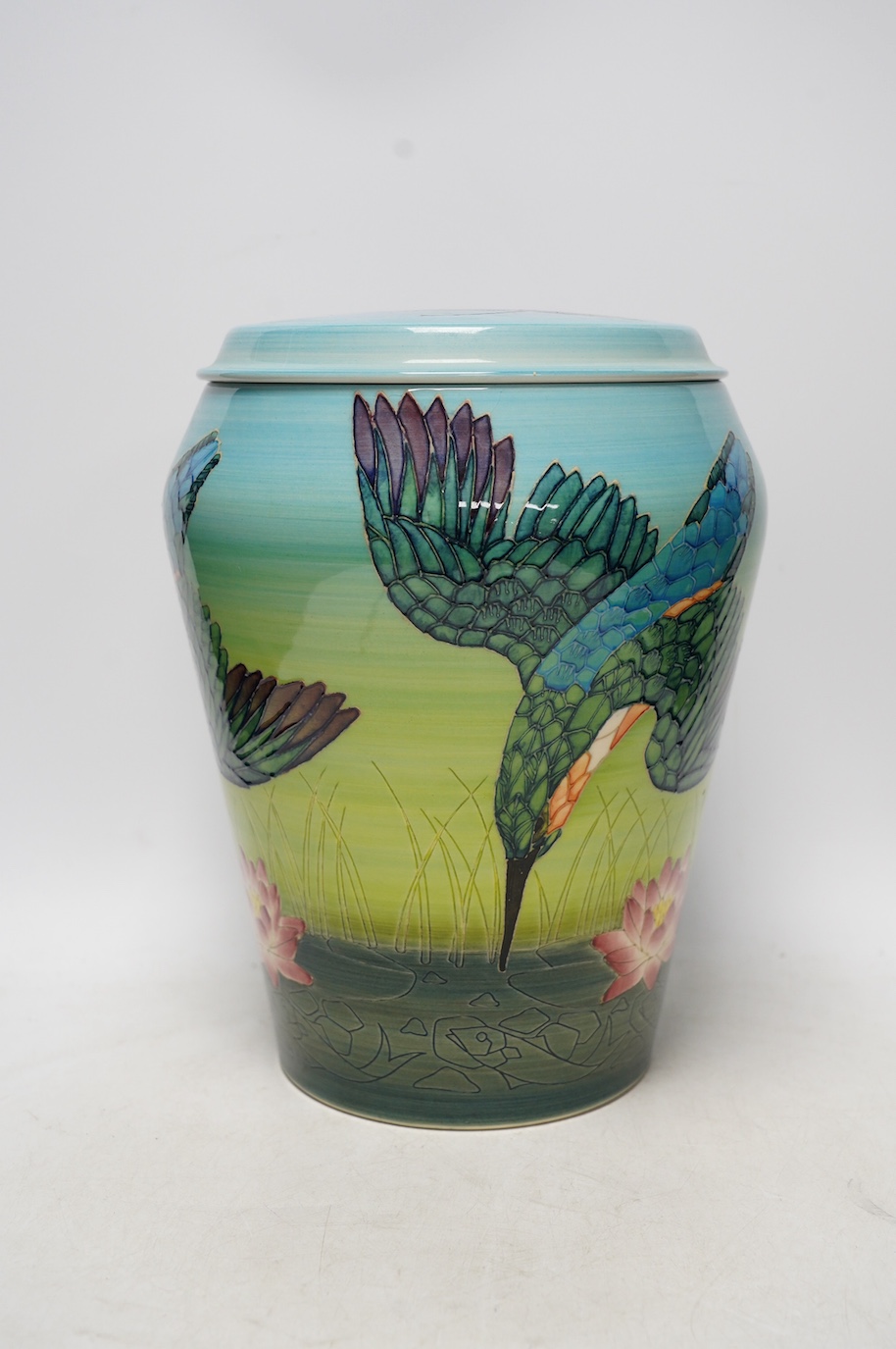 Sally Tuffin (British, b.1938) for the Dennis China Works, a limited edition 'Kingfisher' vase and cover, painted by Heidi Warr, No. 10/50, dated 2002, 29cm. Condition - good, crazing visible